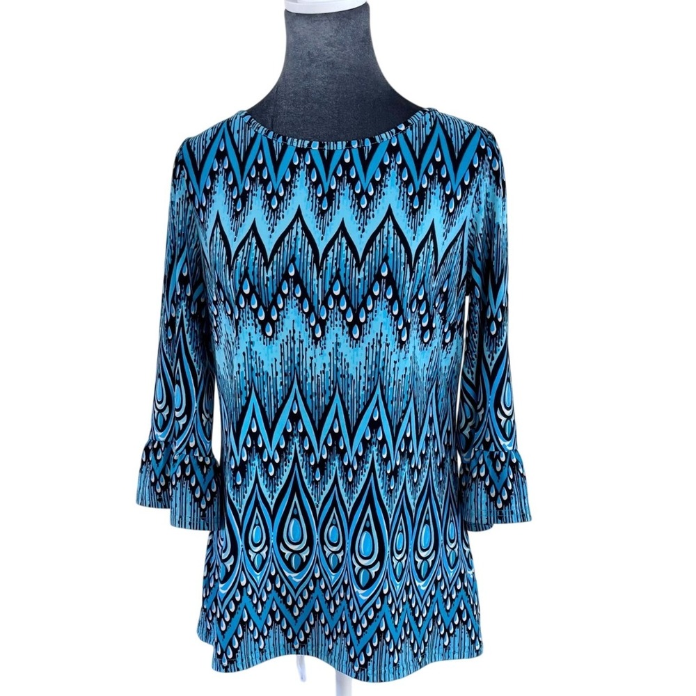 Bob Mackie Wearable Art Vtg Blue‎ Geometric Print Boho Glam Bell Sleeve Top XXS